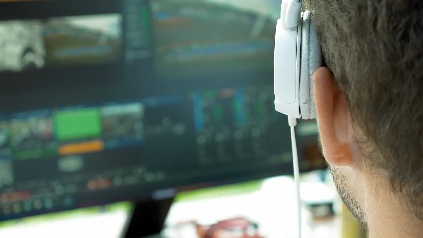 Person wearing headphones reviewing a video timeline on a monitor